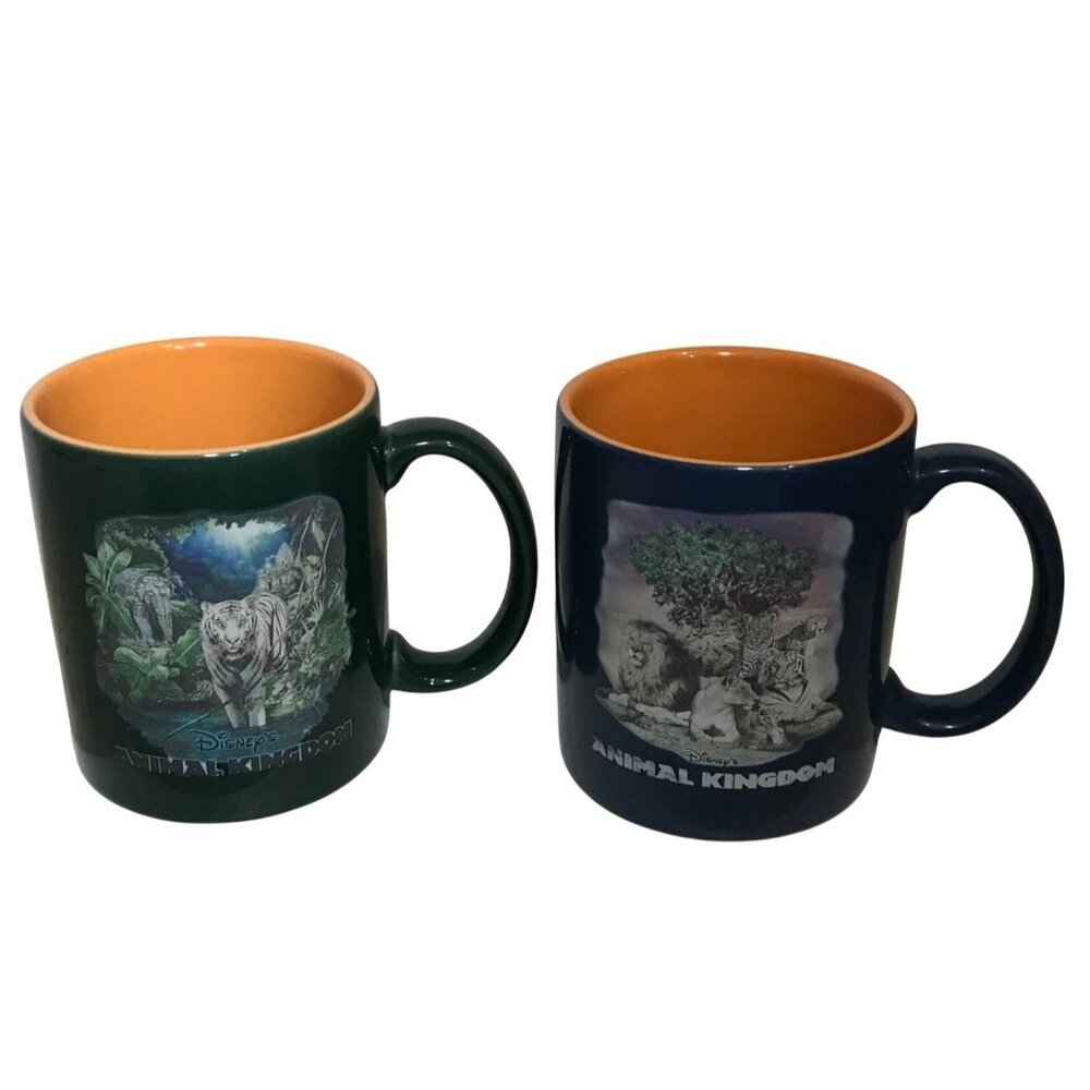 Animal Kingdom Mugs Ceramic Set Of 2 Green & Blue 12 Oz Cups Tigers Lions Disney